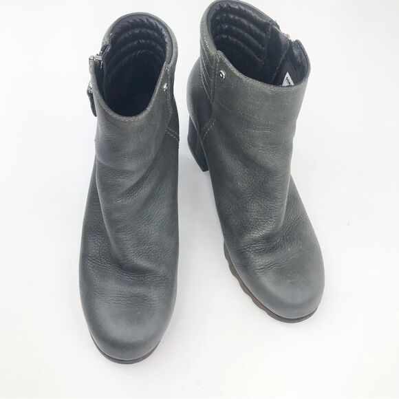 Sorel DANICA Gray Leather Zip Side Block Heel Chunky Moto Style Ankle Boots - Picture 2 of 16